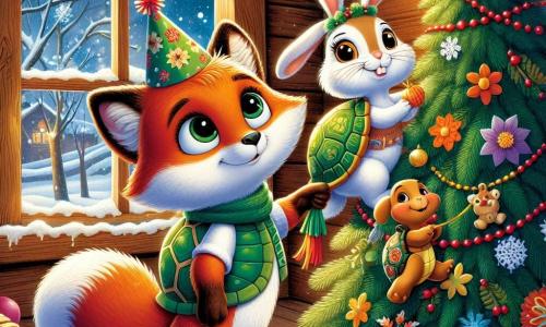 Al centro dell'immagine, Rocco, una piccola volpe dai pelo rosso brillante e con occhi curiosi, sorride felice mentre decora un albero di Natale con ghirlande colorate. Indossa un piccolo cappello di carta e sembra molto eccitato. Alla sua destra, la signora Tartaruga, una tartaruga con un guscio verde decorato con motivi floreali, sorride gentilmente mentre tiene una stella dorata che si appresta ad appendere in cima all'albero. A sinistra, il signor Coniglio, un coniglio con grandi orecchie bianche e occhi vivaci, tiene una carota croccante e ride guardando i suoi amici. Il decor è una graziosa casa di legno, circondata da fiocchi di neve che cadono dolcemente, con luci scintillanti che illuminano la scena. La situazione principale mostra Rocco e i suoi amici mentre preparano insieme una festa gioiosa per il Capodanno, piena di risate, decorazioni e amicizia, creando un'atmosfera calda e festosa.