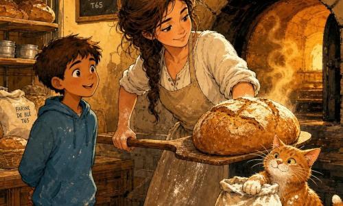 Una donna panettiera sorridente e serena, mani infarinate, capelli castano scuro in treccia disordinata, piegata verso un grande forno aperto mentre estrae con una lunga pala di legno una grande pagnotta rotonda dorata; a sinistra un ragazzo di circa 9–10 anni (Milo), curioso e meravigliato, mani dietro la schiena, occhi fissi sulla pagnotta; a destra sul banco un piccolo gatto rossiccio (Zenzero) con i baffi infarinati, zampa appoggiata su un sacco di farina; interno della panetteria con banco in legno usurato, sacchi di farina, scaffali con pani e teglie metalliche, forno in pietra da cui esce vapore dorato; la scena cattura il momento in cui la pagnotta appena tolta mostra crosta brun dorata screpolata e un soffio di vapore profumato, luce morbida e atmosfera calda e intima.