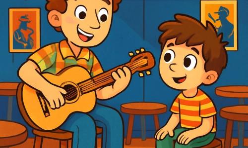Un uomo sorridente, Leo, è seduto su una sedia di legno, con una chitarra acustica in mano. Ha capelli ricci e una camicia a quadretti colorata. I suoi occhi brillano di eccitazione mentre compone una melodia. Accanto a lui, un ragazzo di 8 anni di nome Tommaso, con capelli castani arruffati e una maglietta a righe, lo osserva con meraviglia, le mani sulle ginocchia, pronto ad imparare. L'ambiente è un piccolo club jazz accogliente, con pareti dipinte di blu profondo, luci soffuse e manifesti di musicisti famosi appesi. Leo suona accordi sulla chitarra, mentre Tommaso, affascinato, ascolta attentamente, sognando di creare la sua musica.