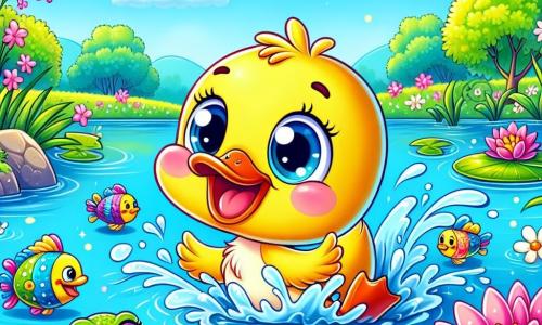 Un mic raț cu numele Quacky, cu un penaj galben strălucitor și un zâmbet vesel, înoată într-un lac albastru strălucitor, înconjurat de nuferi roz și flori albe mici. Ochii săi strălucesc de entuziasm în timp ce stropște apă cu labele sale palmate. Aproape, o broască mică verde pe nume Sari, cu pete maronii, sare pe o frunză de nufăr, aplaudându-l pe Quacky cu entuziasm. Un pește colorat, Blinky, cu solzi strălucitori, înoată vesel în jurul lui Quacky, încurajându-l să continue. Lacul este marginit de copaci cu frunze verzi strălucitoare, iar cerul este de un albastru deschis presărat cu nori albi pufoși. Scena îl arată pe Quacky exersând înotul, înconjurat de prietenii săi, într-o atmosferă veselă și prietenoasă.