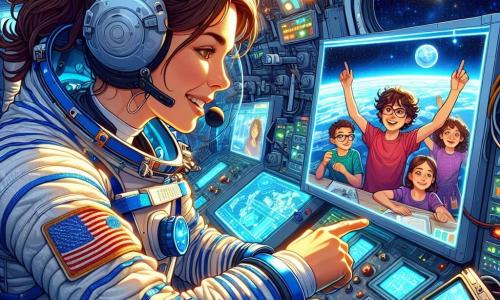 Eine Astronautin, Lara, schwebt im Weltraum in ihrer Raumstation. Sie ist eine Frau in ihren Dreißigern mit braunen Haaren, die zu einem Pferdeschwanz gebunden sind, und trägt einen weißen und blauen Raumanzug, der im Licht der Solarpanels glänzt. Ihr Gesicht zeigt Konzentration und Begeisterung, ihre Augen funkeln vor Aufregung, während sie Kontrollinstrumente überprüft. Auf dem Bildschirm ihres Computers erscheinen Kinder in einer Videokonferenz: ein 10-jähriger Junge mit Brille und rotem T-Shirt, der sie bewundernd anblickt, und ein 9-jähriges Mädchen mit lockigen Haaren in einem lila Kleid, das sie ermutigt, indem es die Arme hebt. Sie sitzen in einem Klassenzimmer, umgeben von Postern von Planeten und Sternen, ihre Gesichter erleuchtet vom Licht des Bildschirms. Die Raumstation hat eine futuristische Umgebung mit silbernen Wänden und Panoramafenstern, die einen spektakulären Blick auf die blaue Erde darunter bieten, die mit weißen Wolken übersät ist. Wissenschaftliche Instrumente und blinkende Bildschirme füllen den Raum und schaffen eine Entdeckungsatmosphäre. Lara spricht mit den Kindern, erklärt das Problem des niedrigen Sauerstoffs in der Station und ermutigt sie, Ideen zur Lösung dieser Herausforderung vorzuschlagen.
