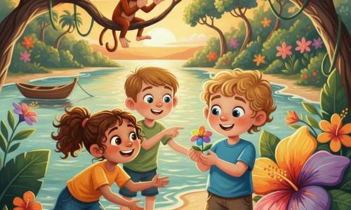 A joyful scene at sunset on a tropical island: a curly-blond 6-year-old boy with a round freckled face and bright blue eyes gently holds a small rainbow-petaled flower while standing on wet sand; to his left Mia, a 7-year-old with brown curly hair in a ponytail and an adventurous smile leans toward the bloom with an outstretched hand; just behind them Sam, a 6-year-old with short light-brown hair and an eager, clever expression, points excitedly at the flower; above them a small red-furred monkey named Momo claps from a low branch; twisted-trunk tropical trees, lush deep-green foliage, vivid flowers, a winding shiny river and a simple wooden boat moored on the shore form the background, all bathed in golden sunset light with bright colors and thick acrylic-like textures.