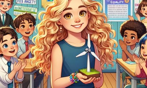 An 11-year-old girl, Ella, stands at the center of the image, with curly golden hair dancing around her smiling face. Her hazel eyes shine with excitement as she proudly presents a science project on renewable energy, holding a small model of a wind turbine in her hands. Next to her, Mia, another 11-year-old girl with bright blue hair, encourages her with a big smile and crossed arms, showing her support. In the background, a group of boys, around 12 years old, watches with curiosity, some displaying expressions of surprise and admiration, while one appears skeptical. The scene takes place in a bright classroom decorated with colorful posters on science and equality, with wooden tables and chairs arranged in a semicircle around a central space where Ella and Mia stand. The main situation shows Ella and Mia defending their project at a science fair, proving that girls can excel in science while inspiring their peers to believe in their dreams, regardless of gender.