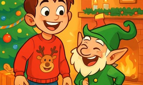 A 10-year-old boy with messy brown hair and sparkling mischievous eyes stands in the center, sporting a wide smile full of excitement and joy. He wears a red sweater with a reindeer pattern and jeans. Next to him is a playful little elf with pointy ears and a tousled white beard, laughing heartily in a bright green costume adorned with jingling bells. They are in a cozy living room decorated with a large Christmas tree twinkling with lights, colorful garlands, and shiny gifts scattered around. The fireplace crackles softly, casting a golden glow on the walls adorned with festive decorations. The main scene shows the boy and the elf laughing together, surrounded by festive surprises as they prepare fun pranks for the family, creating a joyful and magical atmosphere.
