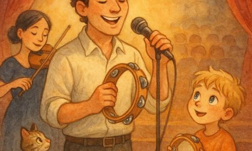 A smiling male singer-musician with soft features and curly brown hair, wearing a light rolled-sleeve shirt, stands center stage singing into a mic and playing a wooden tambourine with silver jingles; an awed blond boy of about eight stands at stage right holding a small gifted tambourine and looking at him; a smiling female violinist in her thirties with tied black hair in a deep blue dress plays slightly left in the background; Melody, a small tabby cat, sits on a wooden crate near the singer’s foot watching with its tail curled. The warm theater has red velvet curtains, a glossy wooden floor, golden lights casting soft halos and rows of seats suggesting an audience. Main scene: an intimate joyful concert where the singer leads with his tambourine, the boy receives the tambourine as a gift, and everyone shares a musical moment; friendly atmosphere, warm colors, visible watercolor textures and golden highlights on the instruments.