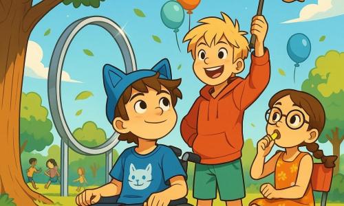 There are 3 characters: Max, a 10-year-old boy in a wheelchair with messy brown hair and a determined smile, wearing a blue t-shirt with a cat design and a cat-eared hat, sitting in the center of the image, looking at the sky with hope. Leo, a 10-year-old boy standing next to Max with messy blonde hair and a big smile, wearing a red hoodie and green shorts, holds a large colorful umbrella, ready to launch a glider. Mia, an 8-year-old girl sitting on a folding chair with braided brown hair and round glasses, wearing a floral dress, blows a whistle, enthusiastically encouraging the boys. The setting is a sunny park with a majestic tree at the center, its branches spread wide like welcoming arms. Nearby, a large metal hoop glimmers in the sun, ready for a challenge. Children play around, laughter echoes, and colorful balloons float in the air. The main scene shows Max and Leo preparing to launch a homemade glider towards the shiny hoop, with determined expressions on their faces, while the wind rustles the leaves, adding a touch of magic to this moment of challenge.