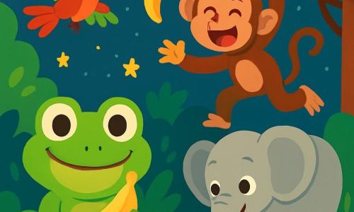 A joyful frog with big round eyes and a bright smile stands at the center of a lively scene, holding a shiny yellow banana in its small paws. Next to it, a mischievous monkey with brown fur and playful eyes swings from branch to branch, laughing and tossing a banana into the air. Further away, a gentle elephant with large ears and gray skin bends down to pick up a fallen banana, looking amused. Above them, a colorful parrot with red, green, and yellow feathers flies in circles, squawking with joy. The scene takes place in a magical zoo under a starry sky, with lush trees and shiny leaves creating a festive atmosphere. The animals are gathered for a hilarious banana race, laughing and having fun together in a joyful and playful setting.