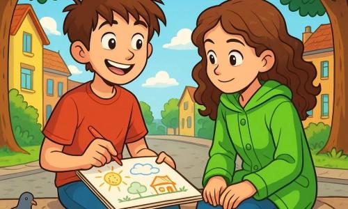 A 12-year-old boy with messy brown hair and sparkling curious eyes sits on a stone wall, a radiant smile on his face. He holds an open sketchbook on his lap, with colored pencils scattered around him. Next to him, an 11-year-old girl with long curly hair, wearing a bright green raincoat, attentively observes his drawing with a focused and enthusiastic look. She leans slightly forward, her hands resting on her knees. Their surroundings are a quiet street lined with colorful houses and tall trees with shiny leaves, under a blue sky dotted with fluffy white clouds. Pigeons peck at crumbs on the pavement, adding life to the scene. The main focus shows the two friends sharing their sketches, exchanging ideas and laughing together, illustrating the beauty of friendship and creativity.