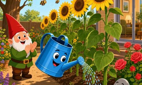 The main character is a bright blue anthropomorphic metal watering can with a smiling face and large round eyes, leaning forward to pour small clear droplets onto sunflower roots; secondary characters: a jovial garden gnome with a red pointed hat, white beard and green clothes standing left on a dirt path clapping and watching, and a small round anthropomorphic smooth gray pebble with drawn eyes and a content expression near a rosebush on the right observing; setting: a summer garden plot with a row of very tall yellow sunflowers with large green leaves, a few orange-and-black bees, an oak casting soft shade and a blurred glass patio door in the background; golden summer afternoon light with warm tones, long shadows, saturated colors, simple shapes and clean outlines conveying a friendly, joyful atmosphere.