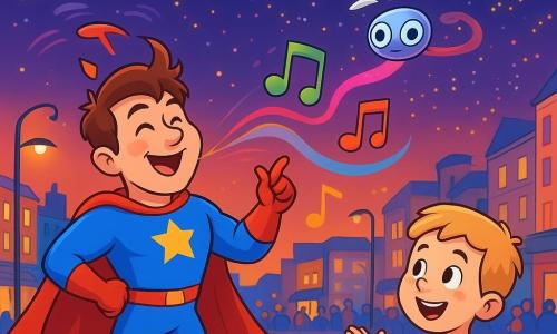 Un supererou comic zâmbitor într-o postură dinamică, cu pelerină roșie scurtă și costum albastru cu stele galbene, păr brun zburlit, suflă note muzicale colorate; față expresivă, ochi râzători, obraji roșii. În prim-plan dreapta, un băiat de ~8 ani, păr blond scurt, tricou verde, aplaudă uimit. Deasupra eroului planează un mic dron argintiu rotund cu ochi LED prietenoși și urma luminoasă roz. Scena are loc pe o esplanadă urbană pavată cu felinare moderne, cafenele și clădiri colorate la apus, cer plin de mini-dronuri care formează motive luminoase; traficul sincronizat e perceptibil. Situația principală: eroul transformă haosul dronelor într-un spectacol vesel — dronele dansează în formații cu panglici de lumină și note plutitoare, mulțimea zâmbește și aplaudă; atmosferă festivă, culori saturate și contururi clare, stil vectorial pentru copii.