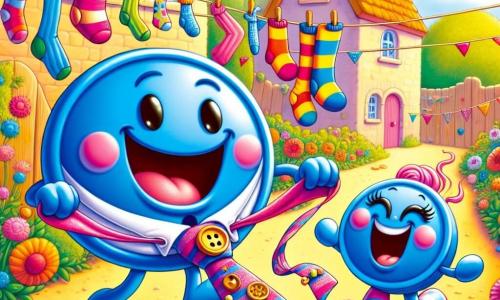 Benny Button, a round blue button with a big joyful smile, is jumping for joy while holding a colorful and whimsical tie adorned with pink feathers and little bells that sparkle in the sun. Next to him, Papa Button, a larger and rounder button with a proud and happy expression, wears the super funny tie, laughing with sparkling eyes. Sally Sock, a brightly colored striped sock, is hanging on a clothesline, enthusiastically clapping her vibrant stripes in the wind. The scene takes place in a sunny garden in Buttonville, filled with bright flowers and colorful-roofed houses, where laughter and songs resonate in the air. Benny proudly shows the super funny tie to his dad, as they share a moment of happiness and closeness, surrounded by the festive atmosphere of Father's Day.