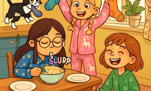 Er zijn 3 personages: - Noa: een 10-jarig meisje met lange bruine haren en een ronde bril. Ze draagt een blauwe pyjama met sterren en zit aan de keukentafel, terwijl ze luidruchtig haar pap slurpt. - Jade: een 9-jarig meisje met blonde vlechten en een ondeugende glimlach. Ze draagt een roze pyjama met eenhoorns en staat naast Noa, terwijl ze een blauwe en een oranje sok de lucht in houdt. - Lena: een 9-jarig meisje met kort kastanjebruin haar en sproeten. Ze draagt een groene pyjama met dinosaurussen en zit op de grond, terwijl ze een stripverhaal tekent met kleurpotloden en lacht. De locatie is een warme, zonnige keuken met gele muren en een grote houten tafel in het midden. Porseleinen borden staan op de tafel en zonnestralen filteren door de bloemen gordijnen. Een zwart-witte kat, Makkie, springt op de tafel met een sok in zijn mond, wat bijdraagt aan de chaotische scène. De belangrijkste situatie toont de drie zussen in volle gang: Noa probeert haar pap te eten, Jade amuseert zich met het zwaaien van de sokken en Lena lacht terwijl ze tekent, terwijl Makkie rommel op de tafel maakt.