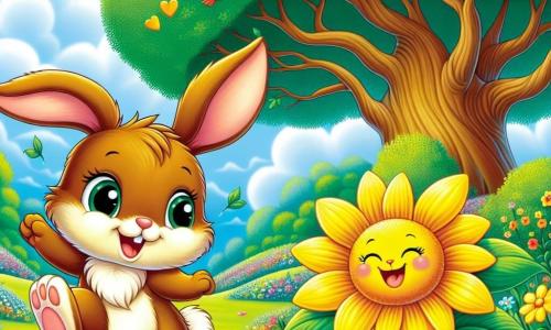Ein kleiner Hase namens Felix mit weichem braunem Fell und neugierigen, funkelnden Augen hüpft fröhlich in einer bunten Wiese, seine großen Ohren aufgerichtet, was Aufregung und Staunen ausdrückt. Neben ihm tanzt eine leuchtend gelbe Blume mit lächelnden Gesichtern auf ihren Blütenblättern im Wind, strahlend vor Freude und Leichtigkeit. Im Hintergrund steht ein majestätischer Baum mit weit ausladenden Ästen und grünen Blättern, der Schatten spendet, während bunte Vögel in den Ästen singen und der Szene einen Hauch von Magie verleihen. Die Wiese ist mit bunten Blumen übersät und der Himmel ist strahlend blau, durchzogen von flauschigen weißen Wolken. Felix, mit einem strahlenden Lächeln, feiert die Schönheit der Natur, umgeben von der Freude und Harmonie, die ihn umgeben.