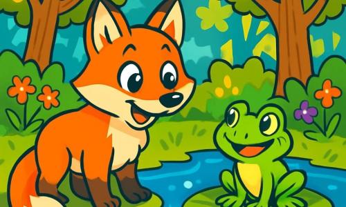 A bright orange fox with sparkling eyes stands by a shimmering pond, looking curious and joyful. Next to it, a small green magical frog with shiny eyes and a mischievous smile perches on a lily pad. In the background, a lush forest stretches with majestic trees and golden leaves, while colorful flowers dance in the breeze. The scene captures the moment the fox discovers the glowing lily pad, ready to listen to the frog's offer of a magical wish.