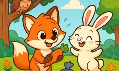 Ein kleiner, leuchtend rot gefärbter Fuchs mit großen, strahlenden Augen und einem fröhlichen Lächeln steht im Zentrum einer grünen Wiese und hält eine Karotte in seinen Vorderpfoten. Neben ihm hüpft ein niedlicher Hase mit langen, seidenen Ohren, weißem Fell und rosigen Wangen vor Freude, seine Augen funkeln vor Dankbarkeit. Im Hintergrund beobachtet eine alte Eule mit braunem Gefieder und weisen Augen die Szene von einem Ast aus und zeigt einen stolzen, ermutigenden Ausdruck. Der Ort ist eine sonnige Wiese, übersät mit bunten Blumen und umgeben von majestätischen Bäumen, unter einem hellblauen Himmel mit ein paar fluffigen Wolken. Die Hauptsituation zeigt den Fuchs und den Hasen, die ihren Sieg nach der Säuberung der Wiese feiern, umgeben von aufgesammeltem Müll, mit strahlenden Lächeln und einer Atmosphäre von Kameradschaft und Naturschutz.