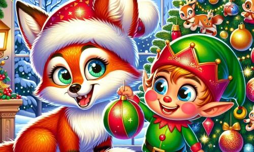 Een kleine vos met glanzende rode vacht en sprankelende, ondeugende ogen, enthousiast glimlachend, staat in het midden van de scène, terwijl hij een glanzende kerstbal in zijn pootjes houdt. Naast hem springt een ondeugende elf met een puntige groene en rode hoed, roze wangen en een ondeugend glimlach, van blijdschap en houdt een glinsterende slinger vast. De setting is een warme kerstkamer, met een grote boom versierd met kleurrijke ballen, gouden slingers en fonkelende lichtjes, terwijl sneeuwvlokken zachtjes naar beneden vallen buiten door een raam. De hoofdscène toont de vos en de elf die samen lachen en plezier maken, omringd door kerstversieringen, terwijl ze vrolijk en in samenzijn het feest voorbereiden.