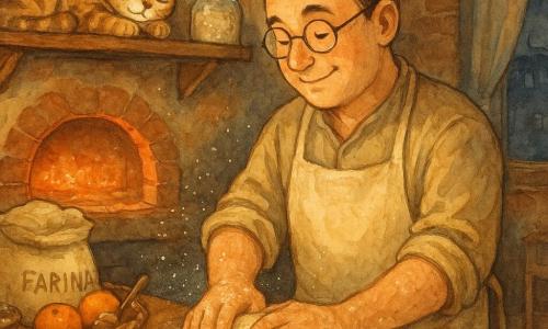 Marco, uomo adulto dal volto rotondo con occhiali sottili e occhi sorridenti, ha grandi mani pulite imbiancate di farina; indossa un grembiule di lino crema e impasta una palla di pasta su un piano di legno sotto una lampada bassa che illumina il suo profilo. Su una mensola alta è arrotolato un piccolo gatto tigrato vicino a un barattolo di lievito madre con bollicine visibili; la panetteria è intima e accogliente — bancone di legno consumato, sacchi di farina, forno in mattoni con un bagliore arancione e una finestra con tenda su una strada buia. Notte tranquilla: Marco impasta sotto una luce dorata, nuvole di farina fluttuano come polvere di stelle, il forno caldo attende sullo sfondo, scena calma e piena di promessa.