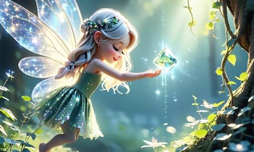 Una piccola fata di nome Luminia, con capelli argentati scintillanti e ali traslucide che brillano come stelle, vola gioiosamente sopra un giardino incantato. Il suo viso esprime eccitazione e determinazione mentre tende la mano verso una gemma luminosa che fluttua nell'aria. Accanto a lei, una ragazza di 8 anni di nome Sofia, con lunghi capelli biondi e occhi brillanti di curiosità, guarda la fata con ammirazione. Indossa un vestito colorato e si tiene sulla punta dei piedi, pronta ad aiutarla nella sua missione. Il luogo è un giardino magico, pieno di fiori dai colori vivaci che danzano al vento, alberi maestosi con tronchi scintillanti e farfalle multicolori che volano attorno a loro, creando un'atmosfera fiabesca. La scena principale mostra Luminia e Sofia unite nella loro avventura, pronte a recuperare la Gemma della Luce, circondate dalla bellezza splendente del giardino incantato, simboleggiando l'amicizia e il coraggio di fronte all'oscurità.