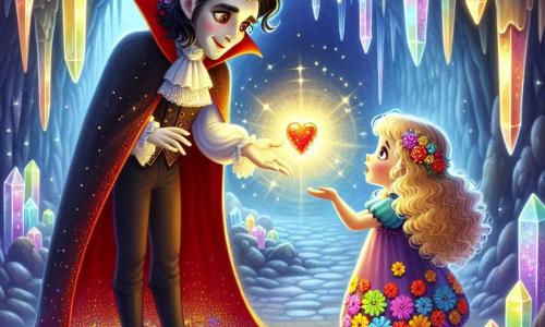 Într-o peșteră misterioasă, un vampir prietenos numit Vlad stă în centrul scenei. Are ochi blânzi și strălucitori, păr negru ca abanosul și poartă o capa roșie aprinsă care flutură în jurul lui. Expresia lui este caldă și primitoare, în timp ce întinde mâna spre o fetiță. Lângă el, Mia, o fetiță de opt ani cu păr blond și buclat, poartă o rochie colorată împodobită cu flori. Ea îl privește pe Vlad cu uimire, ochii ei strălucind de curiozitate. Ține în mână o cheie strălucitoare, simbol al aventurii sale. Peștera este iluminată de cristale strălucitoare care reflectă culori curcubeu pe pereți. Stalactite atârnă de tavan, iar o lumină blândă emană de la Inima Zânelor, un artefact magic în formă de inimă, care strălucește în fundul peșterii. Situația principală arată cum Vlad și Mia se pregătesc să descopere împreună Inima Zânelor, un moment de magie și prietenie, unde aventura și curiozitatea se întâlnesc într-o lume fantastică.