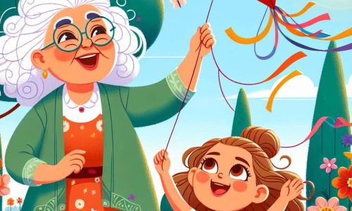 Miss Luna is an elderly woman with curly white hair, wearing large round glasses. She has a warm and sparkling smile, showing her joy as she holds a beautiful red kite adorned with colorful ribbons. She is launching it into the sky, her eyes full of enthusiasm. Next to her, Mia is an 8-year-old girl with brown hair and bright eyes. She wears a colorful dress and jumps for joy, clapping for the kite dancing in the sky. Her face is lit up with a big smile, reflecting her wonder. The scene takes place in a sunny park filled with vibrant flowers and tall green trees. The sky is a bright blue with a few fluffy clouds, and a gentle breeze makes the leaves dance. The main situation shows Miss Luna and Mia launching the kite into the air as it twirls and spins joyfully, creating an atmosphere of magic and adventure.
