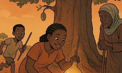Amina, mujer de 30–40 años, sonriente y curiosa, piel morena y trenzas apretadas, está arrodillada frente a un baobab tocando delicadamente una pequeña calabaza brillante atada con cuerda; Kofi, niño de ~10 años, corre desde la izquierda con una túnica y un palo como lanza; Naya, anciana de ~70 años, apoyada en un bastón a la derecha, observa en silencio; al fondo un baobab masivo, tierra roja y chozas de barro; la calabaza crema con reflejos naranjas emite un halo en el crepúsculo, escena de misterio y maravilla, composición clara, colores cálidos y estilo de cómic.