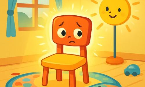 Una piccola sedia di legno, sorridente e dai colori vivaci, si trova al centro della stanza, con occhi rotondi e brillanti che mostrano una leggera preoccupazione. È circondata da un dolce alone di luce dorata che filtra attraverso una finestra. A destra, una lampada a forma di sole, con un volto gioioso e raggi luminosi, illumina la scena con un'espressione rassicurante. A sinistra, un tappeto morbido dai motivi colorati, con un sorriso amichevole, sembra confortare la sedia. La stanza è accogliente, con pareti dipinte di giallo pastello, un pavimento in legno chiaro e giocattoli sparsi. La sedia, un po' tremante, ascolta i rumori misteriosi provenienti dall'esterno, ma si sente circondata dai suoi amici, pronta ad affrontare le sue paure.