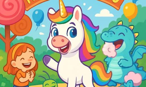 Un unicorno di nome Arco, con una criniera arcobaleno brillante e un corno scintillante, si trova gioiosamente al centro della scena. I suoi grandi occhi brillanti esprimono eccitazione e gioia, mentre sorride ampiamente, pronta a raccontare le sue barzellette. Accanto a lei, un piccolo grillo parlante, con un corpo verde vivo e antenne delicate, salta con entusiasmo, ridendo delle proprie battute. Un drago gentilmente paffuto, con scaglie blu pastello e ali a forma di nuvola di zucchero filato, si trova un po' indietro, ridendo a crepapelle mentre sputa nuvole di zucchero filato. La scena si svolge nella magnifica Piazza del Sorriso, un luogo colorato pieno di fiori cantanti, palloncini fluttuanti e creature gioiose. Gli alberi di caramelle circondano la piazza, aggiungendo un tocco di magia all'atmosfera. Arco, circondata dai suoi amici, è pronta a salire sul palco per condividere le sue barzellette con il pubblico entusiasta, mentre risate e applausi risuonano attorno a loro.