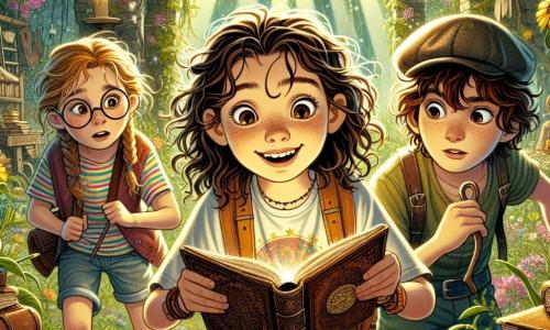 Una ragazza di 11 anni, Sofia, si trova al centro dell'immagine, con lunghi capelli ricci e un grande sorriso di eccitazione sul volto. Indossa una maglietta colorata e un pantaloncino, tenendo un vecchio libro di cuoio tra le mani, gli occhi brillanti di curiosità. Alla sua destra, Marco, un ragazzo di 12 anni con capelli castani arruffati e un cappellino, guarda la mappa con un'espressione determinata, pronto per l'avventura. Alla sua sinistra, Anna, una ragazza di 11 anni con occhiali rotondi e capelli intrecciati, esamina attentamente un vecchio giardino abbandonato, le sopracciglia corrugate per la concentrazione. Il contesto è un giardino misterioso, invaso da piante rampicanti e fiori selvatici, con un vecchio capanno di legno sullo sfondo. I raggi di sole filtrano tra i rami, creando un'atmosfera magica. La scena principale mostra Sofia, Marco e Anna che scoprono un antico capanno pieno di tesori dimenticati, con stelle scintillanti sopra di loro, simbolo della loro ricerca di avventura e scoperta.