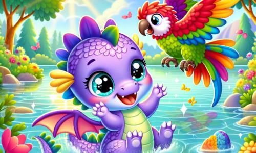 Ein kleiner, verschwommener und bunter Drache namens Lila, mit lila Schuppen und neugierigen, funkelnden Augen, schwimmt fröhlich in einem glitzernden See, mit einem großen Lächeln im Gesicht. Neben ihr fliegt ein Papagei mit leuchtend roten, grünen und blauen Federn, der verspielt um sie herumflattert und seine Begeisterung für das Abenteuer ausdrückt. Die Szenerie zeigt einen wunderschönen See, umgeben von bunten Blumen und großen Bäumen mit goldenen Blättern, unter einem hellblauen Himmel, der mit bauschigen Wolken übersät ist. Die Szene zeigt Lila und den Papagei, die einen traurigen kleinen Fisch entdecken, der nahe der Wasseroberfläche steht und seinen verlorenen kostbaren Stein sucht, während Sonnenstrahlen auf den Wellen des Sees tanzen.