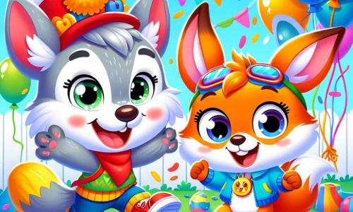 A cheerful little wolf with gray fur and sparkling eyes wears a red hat and shiny shoes. He jumps for joy with a big smile on his face. Next to him, a small fox with bright orange fur and a bushy tail, dressed in a blue cape, smiles while waving its paws. A little rabbit with large white ears, wearing a yellow mask, laughs while holding a colorful balloon. They are in a schoolyard decorated with multicolored garlands and floating balloons. The scene shows the friends preparing for a treasure hunt, surrounded by laughter and joy, with confetti falling from the sky.