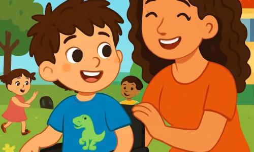 Um menino de 4 anos, Luca, sorridente com olhos brilhantes e cabelo castanho bagunçado, está sentado na sua cadeira de rodas. Ele usa uma camiseta azul com um dinossauro e um short amarelo. Ao lado dele, sua mãe, uma mulher de cerca de trinta anos com cabelo longo e encaracolado, o incentiva com um grande sorriso, enquanto coloca uma mão em seu ombro. Ao fundo, crianças de diferentes idades, incluindo uma menina de 5 anos com tranças e um vestido rosa, brincam alegremente com uma bola. A cena ocorre em um pátio escolar ensolarado, cercado por árvores verdes e flores coloridas. Risadas de crianças ecoam no ar. Luca, com um olhar determinado, se prepara para participar de um jogo de esconde-esconde, cercado por seus amigos que o convidam para brincar com eles.