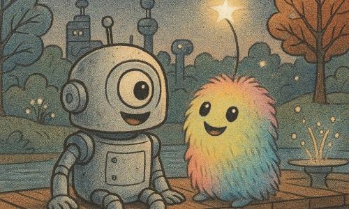 Mały robot o imieniu Piko, wielkości kosza na śmieci, z okrągłym i ciekawskim okiem, siedzi na drewnianym moście z radosnym i zachwyconym wyrazem twarzy. Obok niego znajduje się istota pozaziemska o nazwie Luma, mała i pokryta puchem w zmieniających się kolorach tęczy, uśmiecha się, emitując delikatne światło. Jest lekko wysunięta do przodu, kierując świecącą antenę w stronę gwiaździstego nieba. Park technologiczny wokół nich to mieszanka natury i technologii, z drzewami o metalicznych liściach i fontanną, która wyrzuca świetliste krople. Główna scena pokazuje Piko i Lumę dzielących moment bliskości pod zmierzchowym niebem, gdzie gwiazdy zaczynają delikatnie migotać.