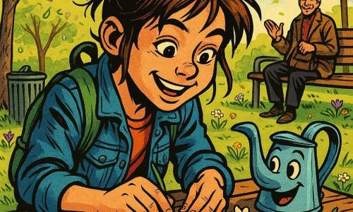 Noor, een 10–12 jarig meisje met kastanjebruin haar in een rommelige knot, draagt een spijkerjack en een groen rugzakje; ze glimlacht geconcentreerd terwijl ze op een houten tafel een lentekrans maakt van dennenappels, een stokje en grassprietjes. Pip, een lichtblauw metalen gietertje met twee getekende ogen en een expressieve tuit, staat vrolijk schuin naast haar alsof hij toekijkt. Op de achtergrond zit rechts op een bank een man van middelbare leeftijd in een bruine jas die glimlacht en knikt; het park is bezaaid met paarse krokussen, gele narcissen en witte madeliefjes, heldergroene grassprietjes en takjes, een kleine metalen prullenbak en een verkreukeld chipzakje dat duidelijk is weggeveegd. Het is laat in de ochtend met zacht gouden licht, jonge bladeren werpen vlekkerige schaduwen en er dwarrelen enkele bloemblaadjes; de sfeer is optimistisch en lenteachtig, grafische, heldere en kindvriendelijke compositie met verzadigde kleuren en scherpe contouren, close-up op Noor en Pip in het midden.