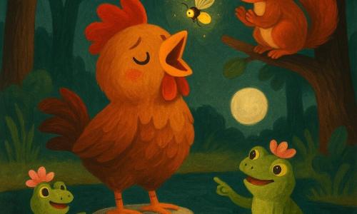 A young, round rooster with an orange beak and bright red comb, coppery glossy feathers, timid but determined, opens his beak to practice singing on flat stones by a pond; nearby, Pip the small green frog with smooth skin and a petal hat sits on a lily pad smiling and pointing at the stones, Saffy the red squirrel with bright eyes and a bushy tail perches on a low branch applauding softly, and Glimmer the firefly hovers emitting a pale yellow, star-like light; the scene is a soft woodland at dusk—dark brown trunks, deep green leaves, a mirror-like pond reflecting a silvery moon and flat stones forming a glowing path—where the rooster makes gentle sounds on each stone amid encouraging friends, warm reassuring atmosphere, soft colors and warm contrasts (oranges, greens, browns) with visible acrylic paint textures.