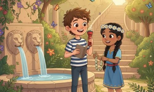 An 8‑year‑old boy, amazed and curious, with messy brown hair and bright wide eyes, wearing a striped T‑shirt and holding an open notebook in one hand and a red flashlight in the other, smiles as he looks around; an 8‑year‑old girl (Layla), joyful and welcoming, with braided black hair, wearing a blue tunic and a daisy crown, stands slightly to his right near a fountain and offers him a small flower chain; a small makeshift time‑travel device of shiny metal with a kitchen timer, three rubber bands and a glowing marble sits on the ground beside the boy, emitting a faint shimmering halo; the scene takes place in an ancient hanging garden of stone terraces draped in green vines and purple and orange flowers, with thin waterfalls flowing from lion‑headed basins, colorful butterflies, golden sunset light, ferns and pomegranates, creating a magical, safe moment of discovery and friendship with the children in the foreground and terraces receding in the background.