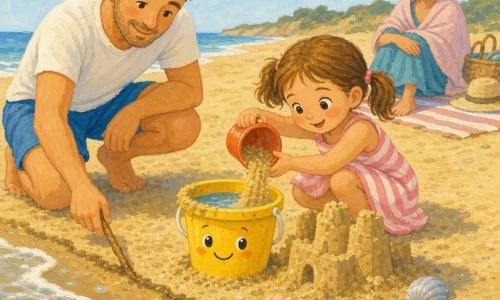 Sunny, a small smiling yellow plastic bucket with bright highlights and a bit of sand on its rim, holding imaginary water; Mia, a joyful 5-year-old with light brown hair in pigtails in a pink striped dress, crouched to the right pouring sand into Sunny to shape a sandcastle; dad in his thirties with a gentle face in blue shorts, crouched to the left drawing a tide line in the sand with a stick; mom, calm in a light shawl, seated on a striped towel in the background watching kindly; golden fine sand, small silvery foamy waves approaching, colorful shells and a darker wet tide line, pale blue sky with fluffy clouds; scene: Mia building a sandcastle as a small sparkling wave approaches, warm secure summer mood; style: gouache illustration with soft strokes, saturated pastels, visible brush textures, composition centered on the bucket and the girl, calm happy atmosphere.