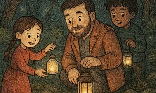 A gentle, reassuring man (Thomas) with a round face, short beard and sparkling eyes kneels at the edge of a small dark pool wearing a dawn-colored coat and holding a delicate glass lantern that casts warm orange light; to his left stands a smiling girl of about eight with two braids offering a red ribbon and a small vial of light toward the water, and just behind him a curious nine-year-old boy with tousled hair holds a smaller lantern and peers at the pool's reflection; at the edge of Whispering Wood—twisted trunks, golden and deep-green leaves, thick moss, wet stones and yellow fireflies—the lanterns and vials placed on the water create a strong contrast between warm lantern light and the pool’s cold blue, revealing beneath the surface a thin gray membrane dissolving into silver filaments; centered composition, grainy newspaper-print texture, fairy-tale comforting mood.
