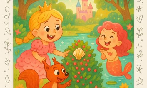 A joyful young princess with braided blonde hair in a pink ruffled dress reaches for a glowing seashell while smiling, Sammy the red squirrel with mischievous eyes points from a nearby rock toward a berry-covered bush where friends are retrieving the stuck shell, and Mia the mermaid with a sparkling coral tail and pink curly hair sits in the clear pond clapping; the scene is a vibrant, cheerful moment at a mirrorlike pond in an enchanted forest with lily pads, colorful flowers, luminous trees and a pastel turreted castle in the background, with exaggerated expressions and friendly gestures.