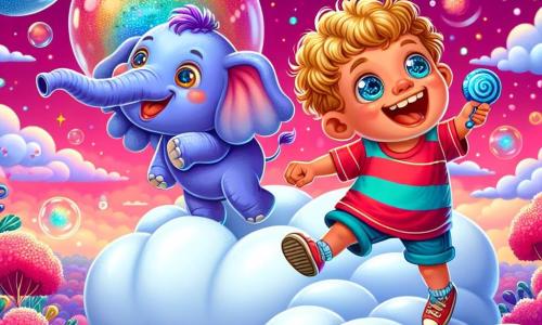 A 2-year-old boy with messy blonde hair and sparkling blue eyes is joyfully jumping on a marshmallow-shaped cloud. He wears a red striped t-shirt and blue shorts, laughing while holding a large shiny blue button in his hand. Next to him, a tall, smiling purple elephant with a colorful hat dances, swinging its trunk. The elephant has gentle eyes and large ears that flutter in the wind. The setting is a fantastical world with a bright pink sky, fluffy clouds, and sparkling bubbles floating around them. In the distance, a bubble-shaped tree shines in the sun, with colorful bubbles swaying gently. The main scene shows the boy and the elephant searching for a lost trumpet, surrounded by popping bubbles, creating a joyful and playful atmosphere.