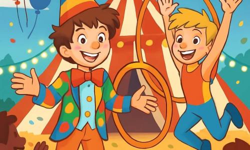 Een 12-jarig jongen, Timo, met rommelig bruin haar en sprankelende ogen, draagt een kleurrijk clownspak en een grote kegelvormige hoed. Hij glimlacht enthousiast met open armen, klaar om het applaus van het publiek te ontvangen. Naast hem staat een jonge acrobaat genaamd Sam, 11 jaar oud, met blond haar en strakke, felgekleurde kleding, die een pirouette maakt met zijn armen in de lucht en een grote glimlach. Op de achtergrond staat een grote rood-witte circustent onder een blauwe lucht, omringd door fonkelende lichten en kleurrijke ballonnen. De vloer is bedekt met stro en confetti, terwijl een verwonderd publiek applaudisseert en lacht, wat een feestelijke en vrolijke sfeer creëert. Timo en Sam voeren een hilarische circusact uit, waarbij Timo een hoepel gooit en Sam zich voorbereidt om erdoorheen te springen, wat een moment van spanning en opwinding creëert.