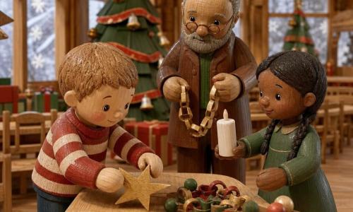A smiling, focused 4-year-old boy, Tom, with short light brown hair and rosy round cheeks, wearing a red sweater with white stripes, places a small gold paper star on a wooden table; to his right Anna, about 5, with brown hair in a braid and a green dress, smiles and offers a white wax candle; behind them Mr. Finch, about 70, with a short gray beard, round glasses and a brown coat, tidies garlands near a large decorated fir in a bright wooden village hall with frosted windows, lit candles, stacked gift boxes, falling snow outside and a warm, intimate Christmas atmosphere.