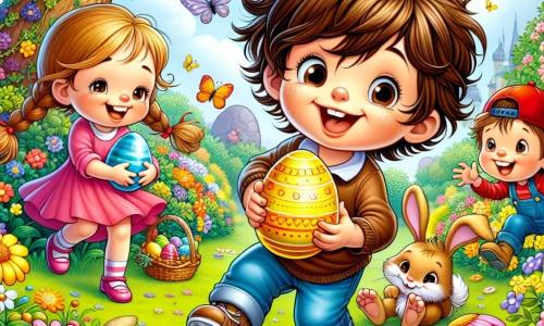 Un niño de 6 años, llamado Pablo, con cabello castaño desordenado y una gran sonrisa en su rostro, está saltando de alegría en un jardín colorido, sosteniendo un huevo de Pascua amarillo brillante en sus pequeñas manos. A su lado, Lucía, una niña de 6 años con largas trenzas y un vestido rosa, sonríe levantando un huevo azul que acaba de encontrar, mientras que Tomás, un niño de 6 años con una gorra roja, se agacha para recoger un huevo verde escondido detrás de una flor. El jardín está lleno de flores brillantes de todos los colores, con mariposas volando alrededor y un gran árbol al fondo, debajo del cual hay un adorable conejito de grandes orejas, observando a los niños con curiosidad. La escena principal muestra a Pablo y sus amigos en plena búsqueda de huevos de Pascua, rodeados de risas y emoción mientras descubren los tesoros escondidos en este lugar encantador.