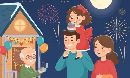A delighted 6-year-old girl with curly brown hair and bright eyes in a red dress with a big bow holds a small sparkling snow globe to her chest while a smiling 35-year-old father carries her on his shoulders, a 34-year-old mother with long tied hair stands beside them holding a warm blanket, and a gray-haired grandfather with round glasses offers a small open silver box from the porch; they stand outside a cozy small house decorated with string lights, balloons and banners on a snowy moonlit path as red, blue and gold fireworks light the night sky at midnight — the family watches, the girl makes a wish, and everyone applauds and embraces in a joyful warm atmosphere.