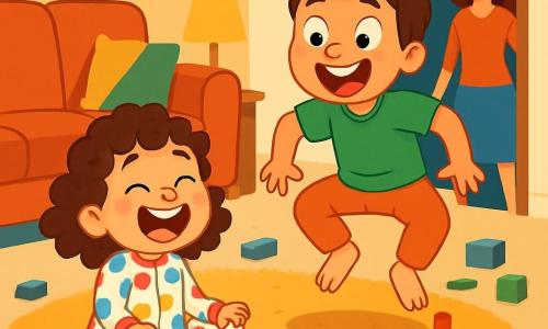 Uma menina de 4 anos, Nina, com grandes olhos brilhantes e cabelos cacheados, usa um adorável pijama de bolinhas coloridas. Ela está sentada em um tapete macio, rindo muito, com um sorriso radiante e bochechas rosadas. Ao lado dela, seu irmão de 6 anos, Pedro, com cabelos castanhos bagunçados e uma camiseta verde, faz caretas pulando como um sapinho, com os braços abertos e um grande sorriso no rosto. A cena acontece em uma sala de estar acolhedora, cheia de brinquedos espalhados, com um grande sofá confortável e almofadas coloridas. Uma suave iluminação suave ilumina o ambiente, criando uma atmosfera alegre e lúdica. Nina e Pedro se divertem fazendo de conta que são sapos, rindo e pulando no tapete, enquanto a mãe os observa com um sorriso divertido, pronta para chamá-los para a hora de dormir.