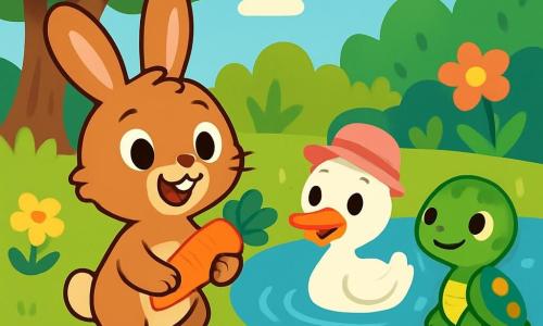 Benny Bunny, a small rabbit with big ears and soft brown fur, stands on his hind legs, eyes sparkling with excitement and a wide smile on his face. He holds a carrot in his little front paws, ready for adventure. Next to him, Daisy Duck, a white duck with a pretty pink hat, happily swims in the pond, her eyes sparkling with joy. Timmy Turtle, a green turtle with a colorful shell, is on a rock by the water, curiously watching with a slight smile. The scene is set in an enchanting garden filled with vibrant flowers, tall trees with green leaves, and a shimmering pond under the sun. The main focus is on energetic Benny Bunny, ready to explore the garden while his friends encourage him to discover the wonders around him.