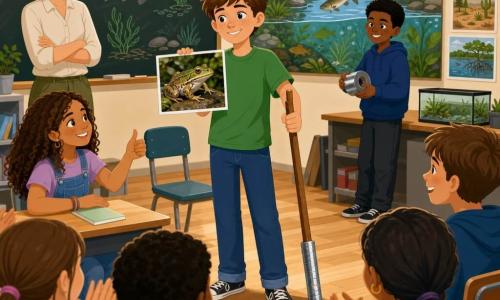 Un niño de 12 años, pelo castaño corto con pecas, sonrisa concentrada y algo orgullosa, viste camiseta verde y vaqueros y usa una muleta con la punta envuelta en cinta adhesiva plateada, está de pie frente a la clase mostrando la foto de una gran rana mientras explica los ecosistemas del arroyo; a su izquierda, Inés, una niña de 12 años de pelo rizado castaño, sentada en una mesa, mira alentadora con el pulgar hacia arriba; detrás, Marcos, niño de 12 años de pelo negro corto, sostiene un rollo de cinta metálica y sonríe pícaro; la profesora Clara, mujer de unos 30–35 años con el pelo recogido y pendientes de estrella, observa con benevolencia junto a la pizarra; el aula es luminosa con suelo de parquet claro, pizarra con dibujos de algas y peces, un gran mural científico colorido en la pared trasera, pósteres de ecosistemas y una silla vacía al frente; la clase escucha y aplaude suavemente, con luz cálida sobre el presentador y una atmósfera acogedora e inclusiva.
