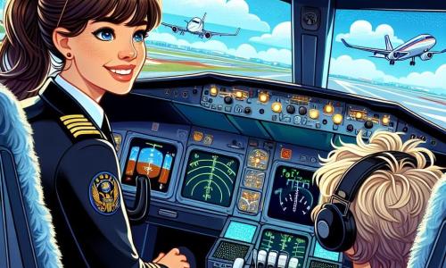 Im Vordergrund sitzt eine lächelnde und entschlossene Pilotin, Captain Lisa, im Cockpit eines großen Flugzeugs. Sie trägt einen marineblauen Pilotenanzug mit goldenen Abzeichen, Sonnenbrillen auf der Stirn und braune Haare zu einem Pferdeschwanz gebunden. Ihre Augen glänzen vor Aufregung, während sie die Fluginstrumente überprüft. Neben ihr sitzt ein 8-jähriger Junge namens Max mit zerzausten blonden Haaren und neugierigen Augen im Passagiersitz. Er trägt ein rotes T-Shirt mit einem Flugzeugmotiv und schaut fasziniert auf die Cockpitsteuerungen, seine Hände auf dem großen Steuerknüppel, bereit für ein Abenteuer. Das Cockpit ist voller blinkender Lichter und bunter Instrumente, mit einer großen Windschutzscheibe, die einen spektakulären Blick auf einen blauen Himmel mit flauschigen weißen Wolken bietet. Im Hintergrund sieht man die Startbahn des Flughafens und Flugzeuge, die auf den Start warten. Die Hauptsituation zeigt Captain Lisa und Max, die sich auf den Start vorbereiten, in einer fröhlichen und dynamischen Atmosphäre, die die Aufregung und Vorfreude auf einen bevorstehenden Flug zu neuen Abenteuern am Himmel verdeutlicht.