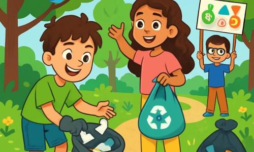 Um garoto de 12 anos, Miguel, com cabelos castanhos e bagunçados, usa uma camiseta verde vibrante e um shorts de denim. Seu rosto brilha com um grande sorriso, mostrando sua determinação e alegria enquanto coleta lixo em um parque. Ao lado dele, Ana, uma menina de 11 anos com cabelos longos e cacheados, vestida com uma camiseta rosa e uma calça amarela, segura um saco de reciclagem e incentiva outras crianças a participar. Pedro, um garoto de 12 anos com óculos e uma camiseta azul, está um pouco mais longe, segurando um cartaz colorido com mensagens sobre reciclagem. O parque é verde, cheio de árvores majestosas, flores coloridas e um caminho de terra que serpenteia pelo espaço. Pássaros cantam nos galhos, e o sol brilha, criando uma atmosfera alegre e acolhedora. A cena mostra Miguel e seus amigos em ação, coletando lixo e conscientizando outras crianças sobre a importância de proteger a natureza, com sacos de lixo ao redor e sorrisos em todos os rostos.