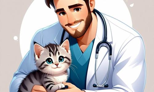 Een man, Dokter Bram, staat centraal in het beeld, met een warme glimlach. Hij heeft bruin haar en een goed verzorgde baard, en draagt een witte dierenartsjas met een stethoscoop om zijn nek. Hij is gehurkt en onderzoekt een klein grijs kitten met sprankelende ogen dat zich tegen hem aan nestelt, wat aangeeft dat het zich veilig voelt. Naast hem kijkt een 8-jarig jongetje genaamd Tim, met wild blond haar en een kleurrijk T-shirt, vol bewondering. Hij houdt een kleurrijk bord met informatie over dierenverzorging vast, met tekeningen van honden en katten. Tim glimlacht, zijn ogen stralen van opwinding. Op de achtergrond is een charmant dorp te zien met huizen met kleurrijke gevels, stralende bloemen in de tuinen en een blauwe lucht met donzige witte wolken. Nieuwsgierige voorbijgangers stoppen om de scène te bekijken, wat een levendige sfeer aan de illustratie toevoegt. De hoofdscène toont Dokter Bram die Lisa, een 7-jarig meisje, geruststelt terwijl ze haar kitten in haar armen houdt. Ze heeft bruin haar en draagt een bloemenjurk. Ze kijkt hoopvol terwijl Dokter Bram haar uitlegt hoe ze voor haar huisdier moet zorgen. De afbeelding straalt een sfeer van warmte, medeleven en vriendschap uit tussen de personages.
