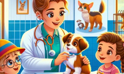 In een lichte en uitnodigende dierenkliniek is de glimlachende dierenarts, dokter Lotte, een vrouw van een dertig jaar met kastanjebruin haar in een knot. Ze draagt een witte labjas en een stethoscoop om haar nek terwijl ze aandachtig een kleine hond genaamd Max onderzoekt, die een verband om zijn poot heeft. Lotte heeft een zachte en geconcentreerde uitdrukking, wat haar liefde voor dieren laat zien. Naast haar kijkt Tim, een 8-jarig jongetje met een rode pet, verwonderd toe. Hij heeft grote ogen en een enthousiaste glimlach, terwijl hij een hondenspeeltje in zijn handen houdt. Verderop aait Lisa, een 7-jarig meisje met vlechten, een klein konijn in een kooi, met een stralende glimlach. De scène speelt zich af in een behandelkamer van de kliniek, waar kleurrijke dierenposters de muren sieren. Dierenspeelgoed ligt verspreid op planken en een groot raam laat zonlicht binnen, dat de ruimte verlicht. In deze hoofdscène verzorgt dokter Lotte Max, de gewonde hond, terwijl Tim en Lisa de wereld van dieren ontdekken en leren hoe belangrijk het is om voor hen te zorgen, wat een sfeer van nieuwsgierigheid en vriendelijkheid creëert.